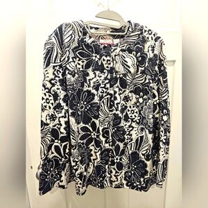 Alfred Dunner 18W Black White Textured Floral Clear Sequin Button Front Jacket